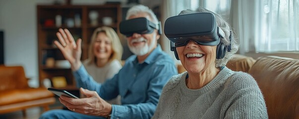 Seniors enjoying virtual reality technology together at home on a cozy afternoon