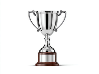 Silver trophy cup with wooden base, isolated on white background, symbolizing achievement, success, and victory, often used for sports or competition awards