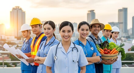 A diverse group of smiling Asian professionals, including healthcare workers, a construction engineer, and a farmer, stand united against a city skyline at sunset.