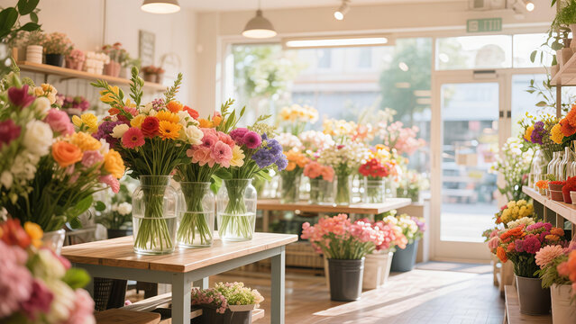 A bright and cheerful flower shop interior filled with colorful fresh flower arrangements, glass vases, and light wooden tables. The atmosphere is fresh and inviting. 