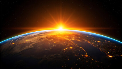 Obraz premium Sunrise over earth from space with city lights