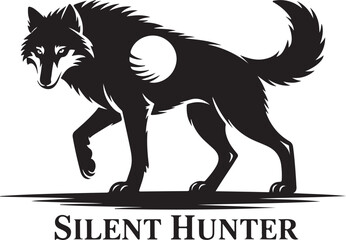 Black Silhouette of Wolf with Front Legs Bent and Tail Raised Isolated on White