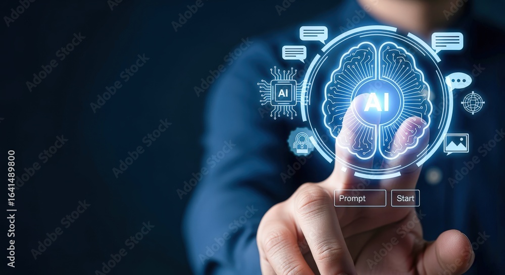 Aufkleber ai integration: man interacting with digital interface representing artificial intelligence and neur