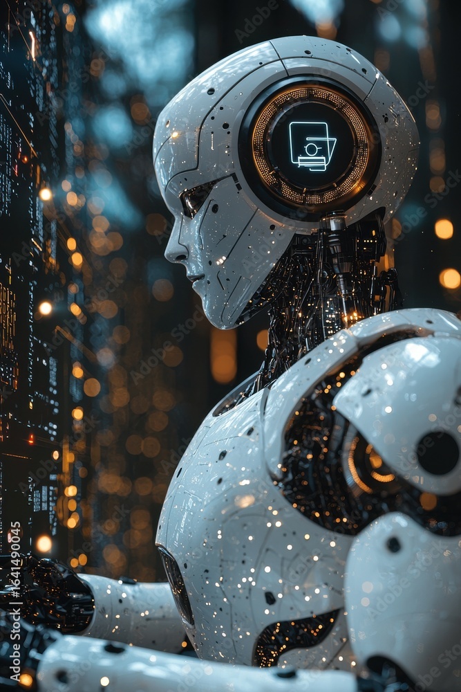 Aufkleber advanced robot interacting with futuristic technology in intelligent environment