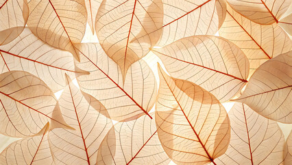 Delicate skeletonized leaves with intricate veins in warm tones
