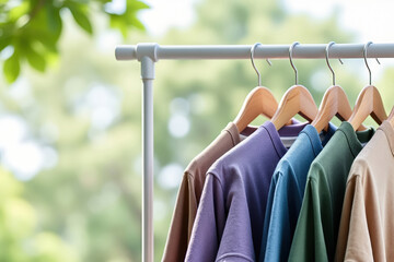 Neutral Colored T-Shirts Hanging on a Rack Outdoors in Natural Light Displaying Casual Style and Simplicity for Wardrobe and Apparel Concepts