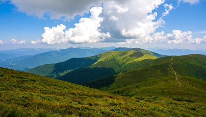 Obraz premium Mountain vista, green slopes, cloudy sky