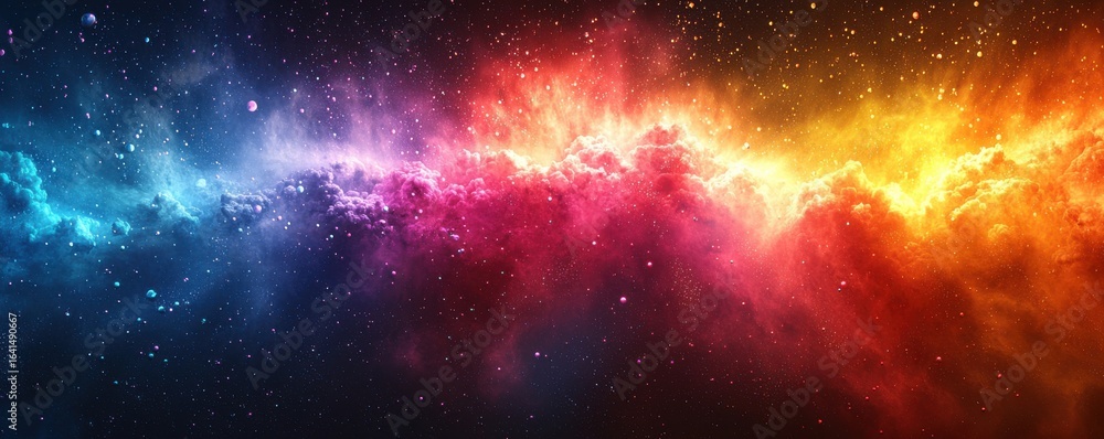 Poster vibrant cosmic nebula displaying rays of colorful light in space