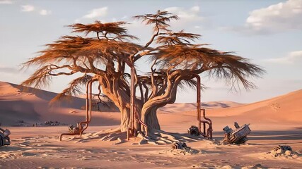 A majestic, biomechanical tree sustained by pipes and machinery stands alone in a vast, post-apocalyptic desert landscape