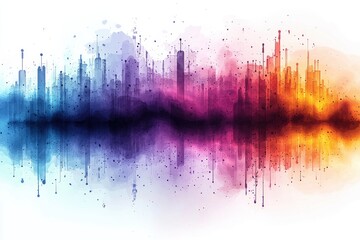 Colorful abstract sound wave design with vibrant gradient hues and cityscape pattern