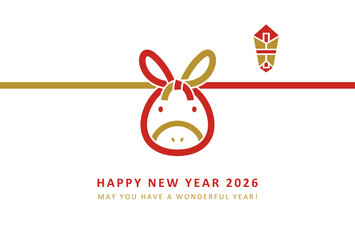 2026年午年デザイン　水引風のかわいい馬の顔の年賀状　赤と金