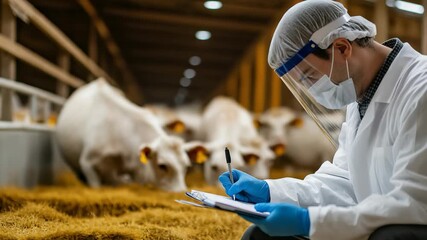 In barn setting, veterinarian meticulously examines cattle, recording observations on clipboard. Personal protective equipment is worn, highlighting animal health, safety protocols