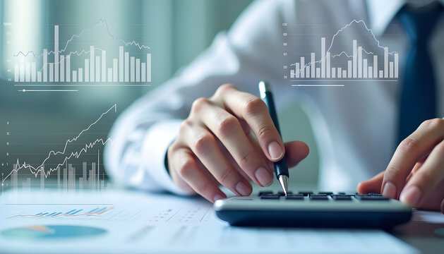 Person using a calculator while reviewing financial charts and graphs for data analysis.