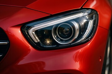 Close-Up High-Resolution Photograph of Red Car Headlight with Chrome Trim and Starburst Reflections