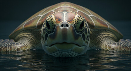  Close-up of an adult sea turtle with mottled green and brown rough-textured skin and shell emerging from dark murky water, calm dark eyes, and dramatic lighting highlighting its serene and ancient 