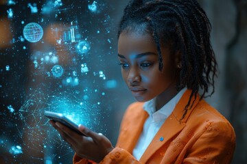 Woman Exploring Digital Connections Through Advanced Technology Interface