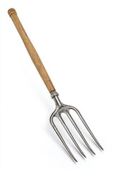 Vintage garden fork with wooden handle and metal tines, resting against a clean white backdrop