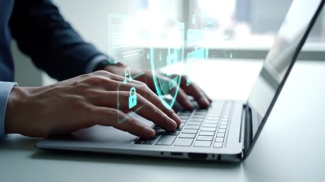 Cybersecurity professional types on laptop with digital shield graphic overlay, data protection, network security, encryption, VPN, online safety concept.