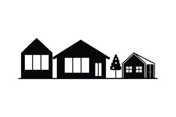 Simple black silhouette of three houses and a tree