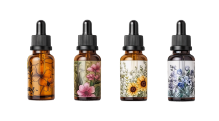 4 bottles of essential oil with various floral patterns, amber glass bottles, black caps and dropper heads, white background, high-resolution photography, high detail, aestheticism. 