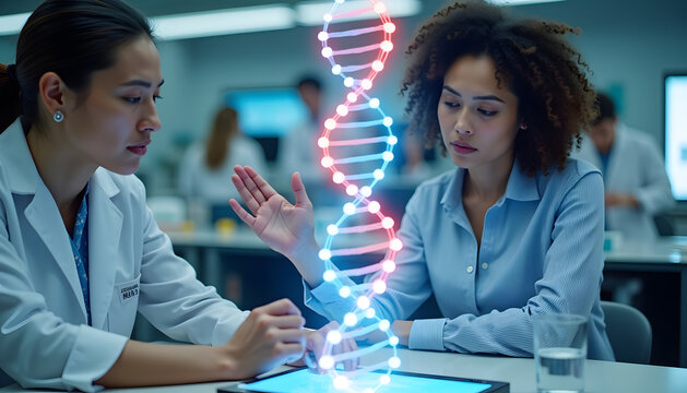 A scientist discusses DNA with a patient in a modern lab setting.
