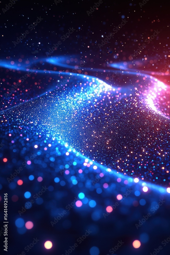 Poster abstract glowing neon background with multicolored particles and light effects