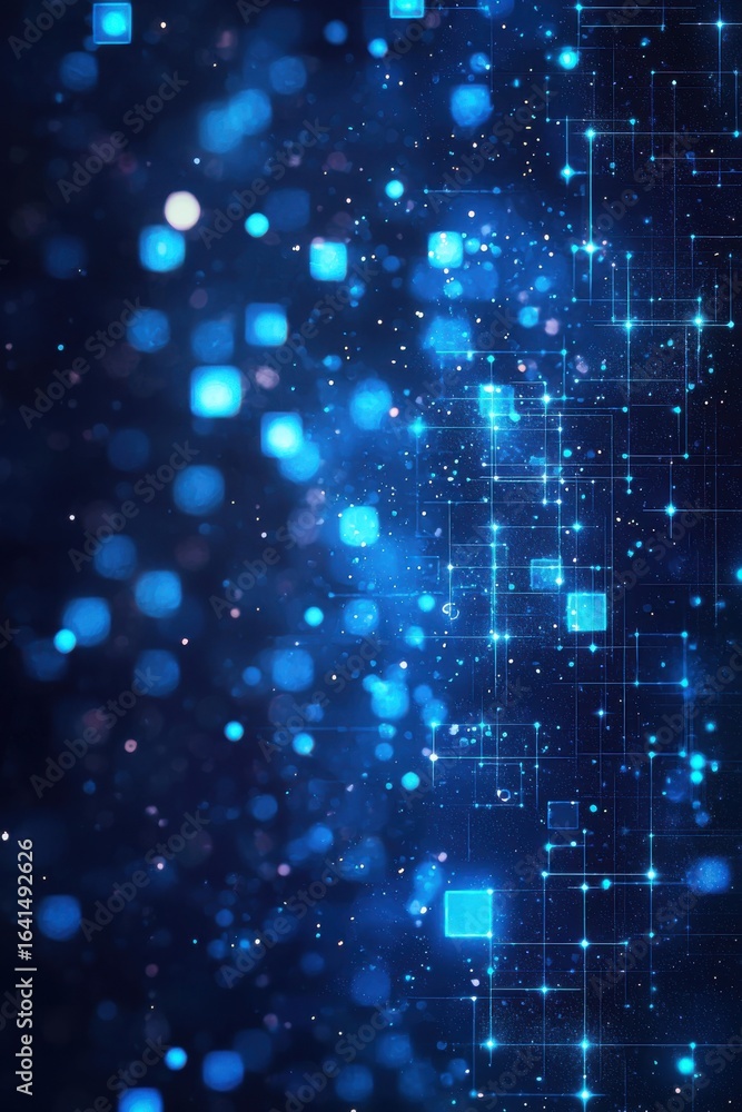 Poster blue digital technology background with glowing lights and square patterns