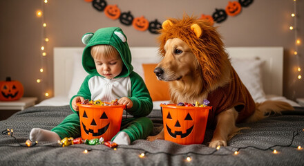 An adorable baby in a green monster costume and a cute dog wearing a lion mane sit together on a bed with pumpkin pails, a perfect pair of friends ready for Halloween