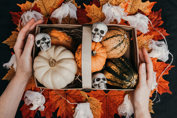 Woman's hands hold a basket with squashes and skulls.