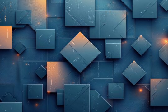 Abstract technological background with illuminated blue squares and orange glowing accents