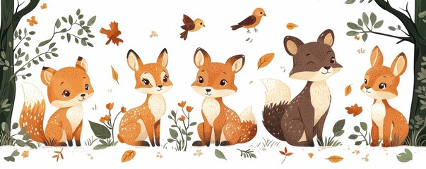Adorable woodland animals and birds in a cute illustrated forest scene