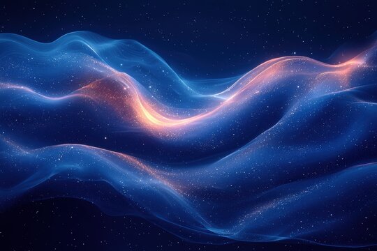 Abstract glowing blue waves with sparkles in a starry night sky