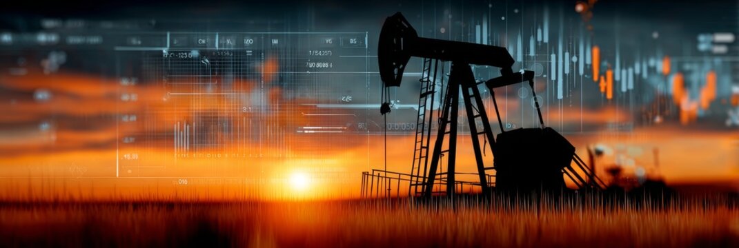 Oil pump silhouette at sunset with economic data overlay and graphs reflecting market indicators
