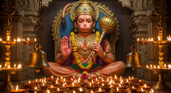 Statue of hanuman surrounded by lit oil lamps and hanging bells in a temple setting