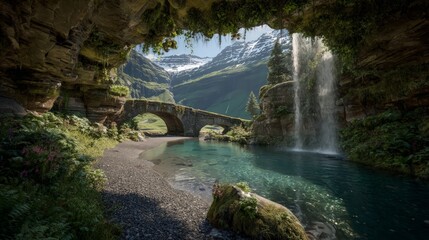 Fototapeta premium Alpine Waterfall And Stone Bridge Through Cave Entrance