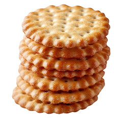 Stack of round golden brown crackers with wavy edges isolated on transparent background