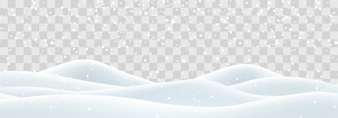 Vector heavy snowfall with snowbanks field. Snow landscape decoration, frozen hills isolated on png background. Snow flakes, snow and blizzard falling on snowdrifts. Christmas vector illustration
