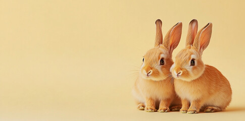 Obraz premium Two adorable golden bunnies posing against a pastel background with copy space