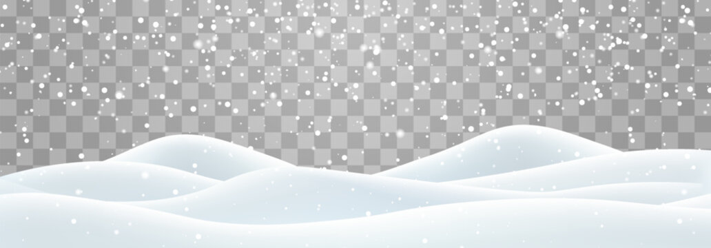 Vector heavy snowfall with snowbanks field. Snow landscape decoration, frozen hills isolated on png background. Snow flakes, snow and blizzard falling on snowdrifts. Christmas vector illustration - Powered by Adobe