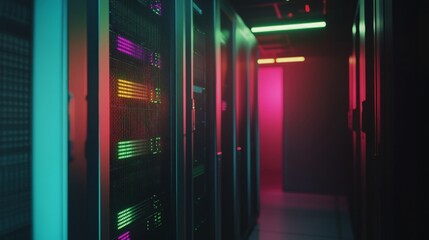 A neon colored computer room with a neon green wall. The room is filled with computer servers and the lights are on