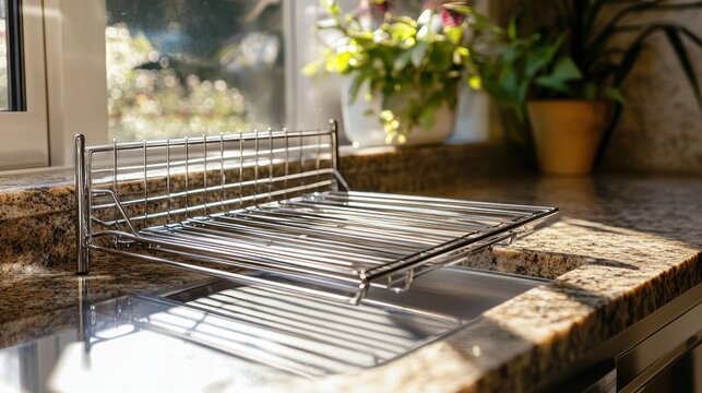 A sleek metal dish drying rack sits on a granite kitchen countertop, illuminated by natural light filtering through a nearby window.