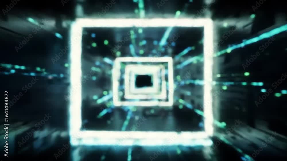 Poster abstract visualization of a high-tech data stream. a futuristic digital tunnel with glowing neon squ