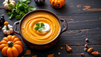 A bowl of soup with a spoon resting on top, placed on a table adorned with autumn decorations such as pumpkins and gourds