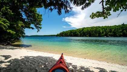 Kayaking on a sandy beach, beneath trees