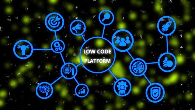 Low Code software development platform technology concept. Abstract technology lighting dot background concept 