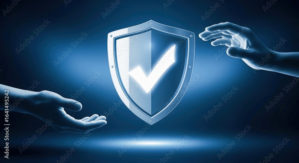 Poster protection shield with check mark, representing security, authorization, and verification on a dark 