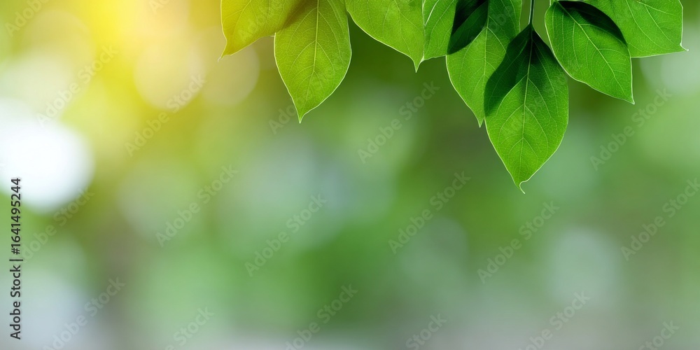 Poster enchanting abstract greenery with soft bokeh sunlight flare and leaf texture background design