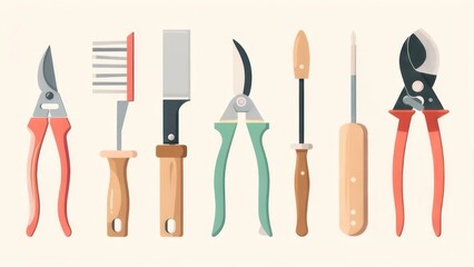 Collection of Gardening Tools Flat Vector Illustration. Pruning Shears, Trowel, Brush, and Hand Implements for Garden Care.