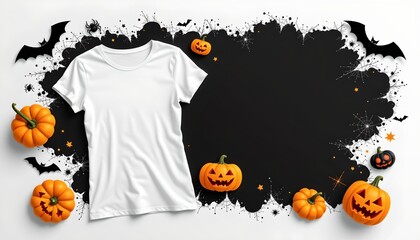 A white t shirt displayed prominently in the center against a Halloween theme backdrop