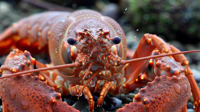 Close-Up Portrait of a Vibrant Reddish-Brown Marine Lobster on a Rocky Seabed